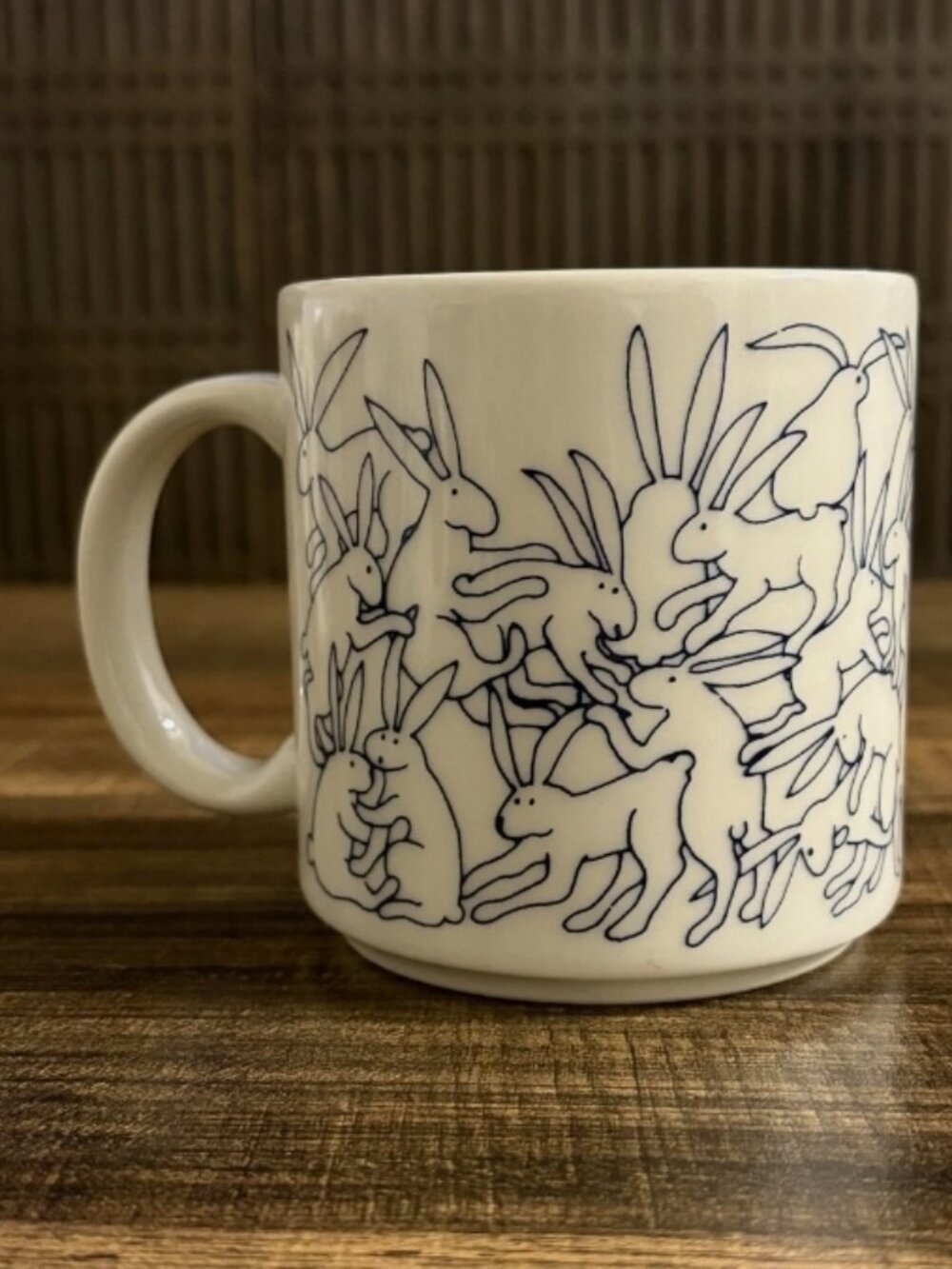 Vintage 1984 Taylor & Ng Rabbit Orgy Mug Blue White Bunny Japan Coffee Cup